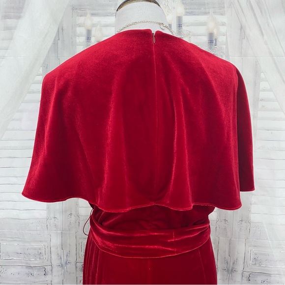 NEW Alex Marie Beth Velvet Jumpsuit Crimson Red Cape Sleeve V Neck Belted Formal - Picture 11 of 13